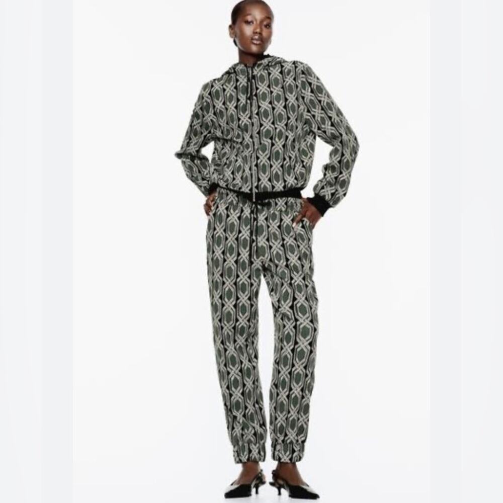 Zara Green Black Geo Pattern Bomber Jacket & Joggers Track Suit 2 pc Set NWT